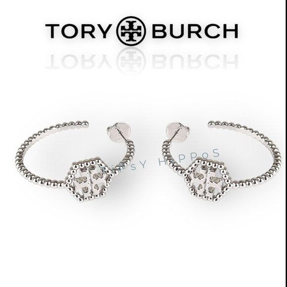 Tory Burch Silver Hexagon Logo Hoop Earrings - Picture 3 of 6